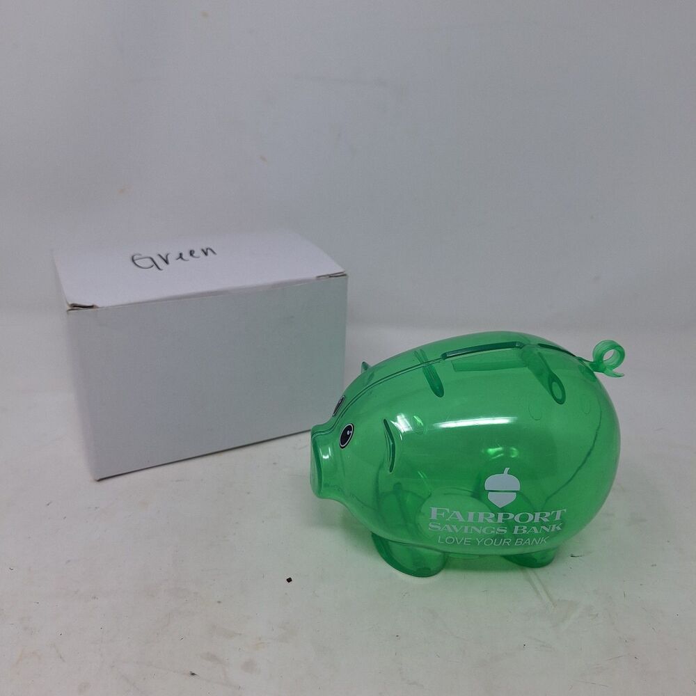 Fairport Savings Bank Green Sheer Plastic Piggybank Pig Coin Storage Novelty